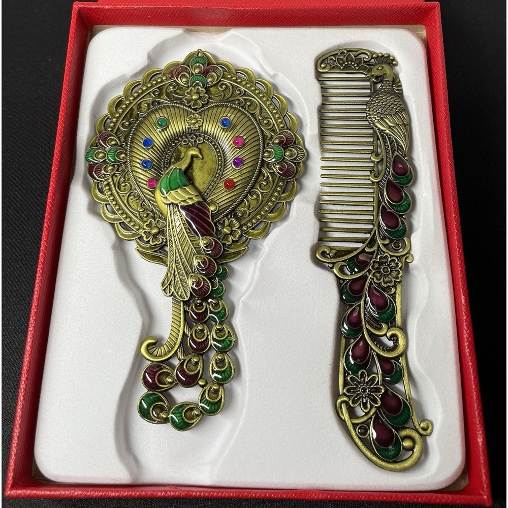Antique Style Oriental Brass Embossed Peacock Motif Vanity Mirror Comb Set 130 g